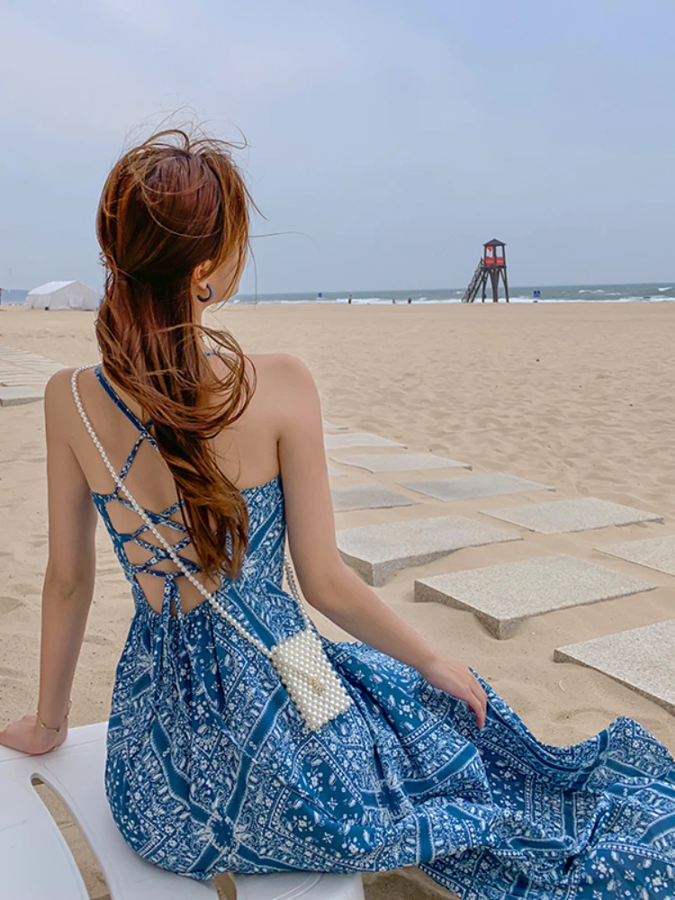 

Dress for Women Beach Style Summer Bohemian Cross Bandage Backless Sexy Dress Female Spaghetti Strap Print Long Dresses Robe