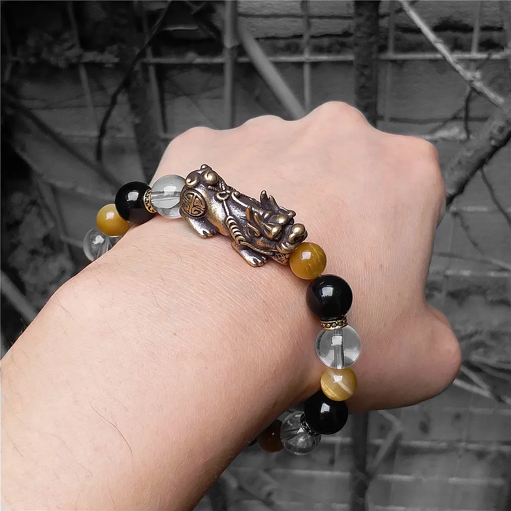 

Feng Shui Copper Pixiu Obsidian Tiger Eye Crystal Bracelet Men Women Bracelets Wealth and Good Luck Bracelet Jewelry 10mm