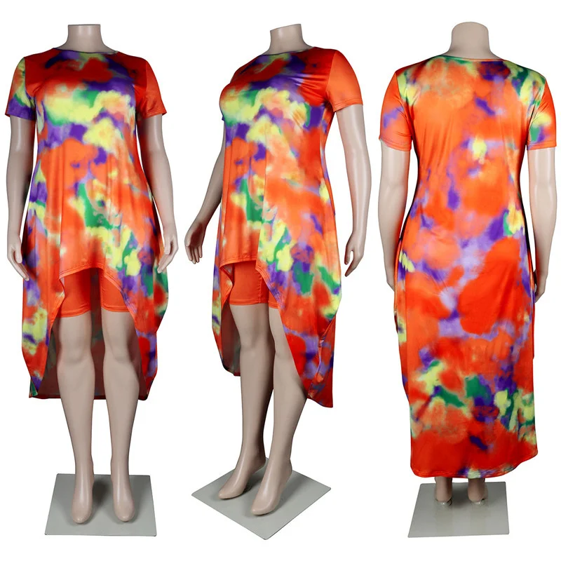 Plus Size Shorts Sets Women Summer Holiday Two Piece Suits Tie Dye Long Style Top Short Leggings Outfits Whol 3xl 4xl 5xl 6xl