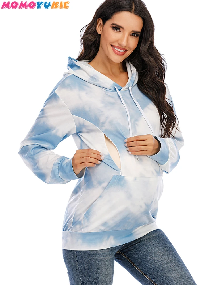 Women Loose Tie-dye Fleece Hooded Breastfeeding Jacket With Large Pocket In Front Zip Nursing Sweatshirts Lactation jackets