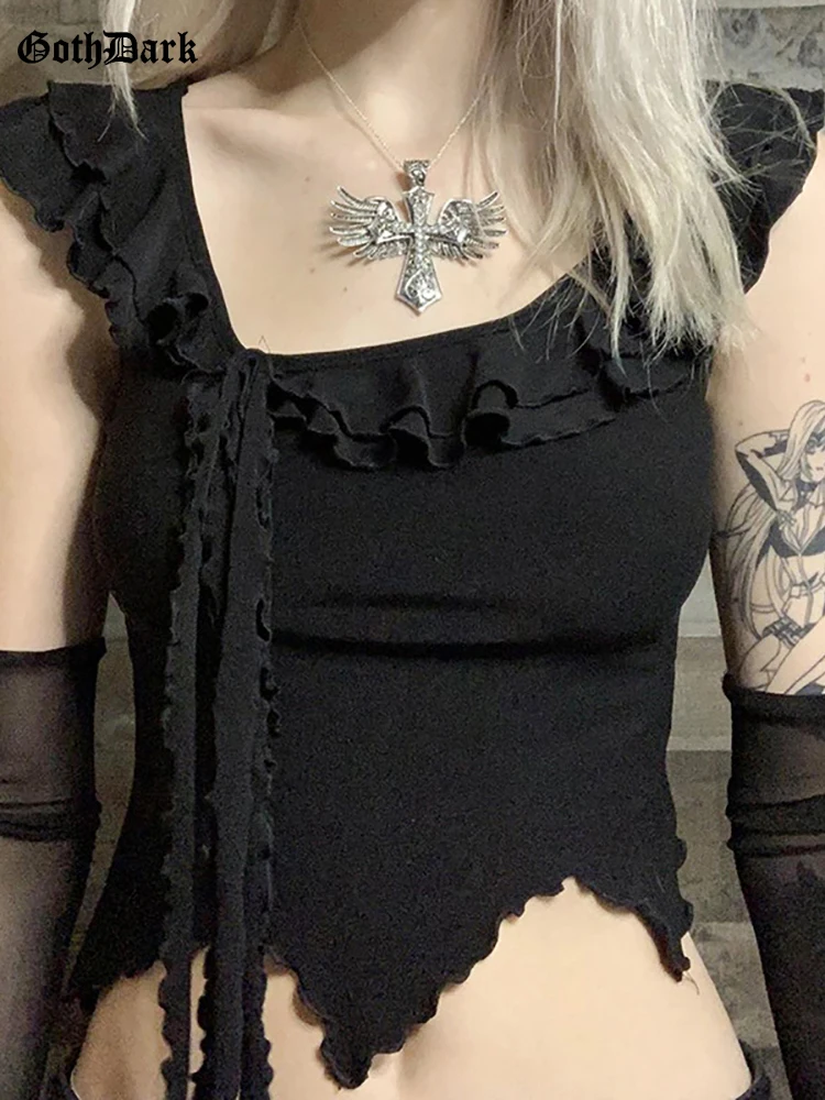 

Goth Dark Mall Gothic Ruffles Hem Irregular Tank Tops Grunge Lace Up Patchwork Women Crop Top Y2k Sexy Sleeveless Black Clothes
