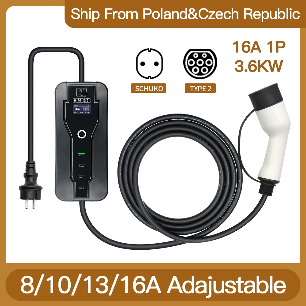 EV Charger Type 1 J1772 Type 2 IEC62196 GBT China 16A 3.6KW Portable Adjustable Electric Cars Home Charging 5M Cable Schuko Plug