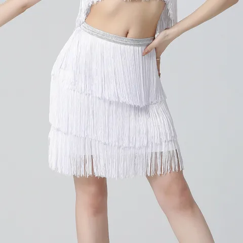 Женская юбка для латиноамериканских танцев, необычная Сексуальная тренировочная юбка с бахромой, трехслойное платье Senba с открытыми плечами