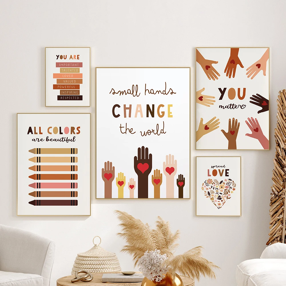 

Мощный плакат с надписью «Love Hands», постер с человеческим равноправием, детское настенное искусство, разнообразие, дружба, холст, живопись, ки...