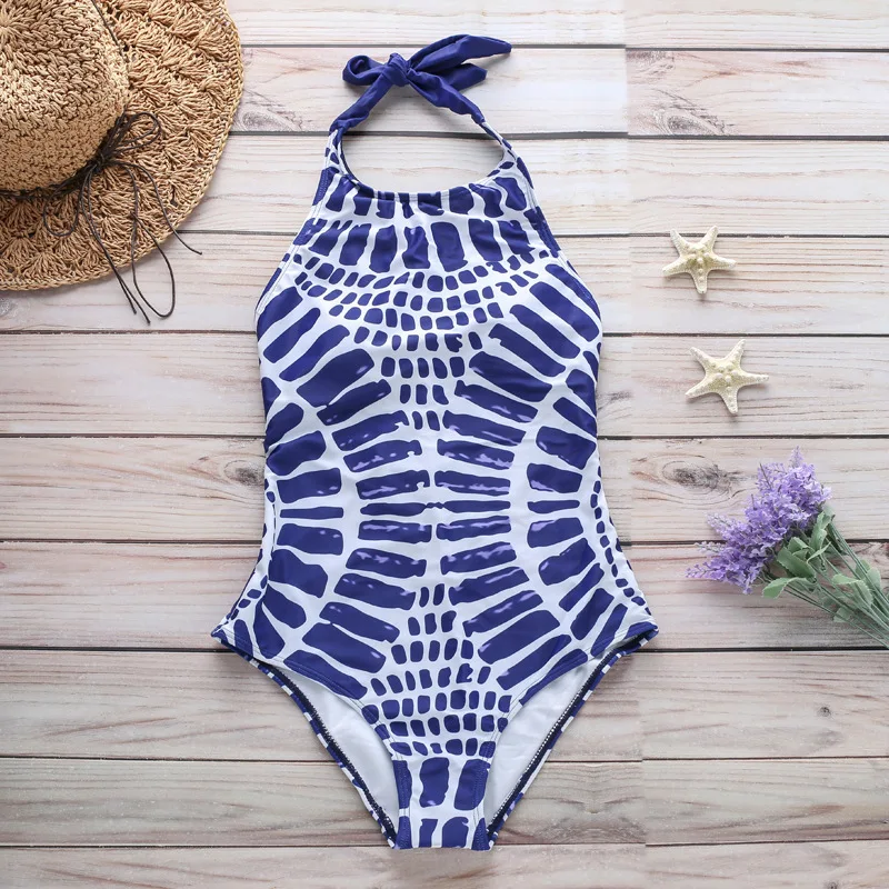 

Sexy Halterneck Lace-up Swimsuit Totem Fish Scale Ripple Print Bikini Swimsuit