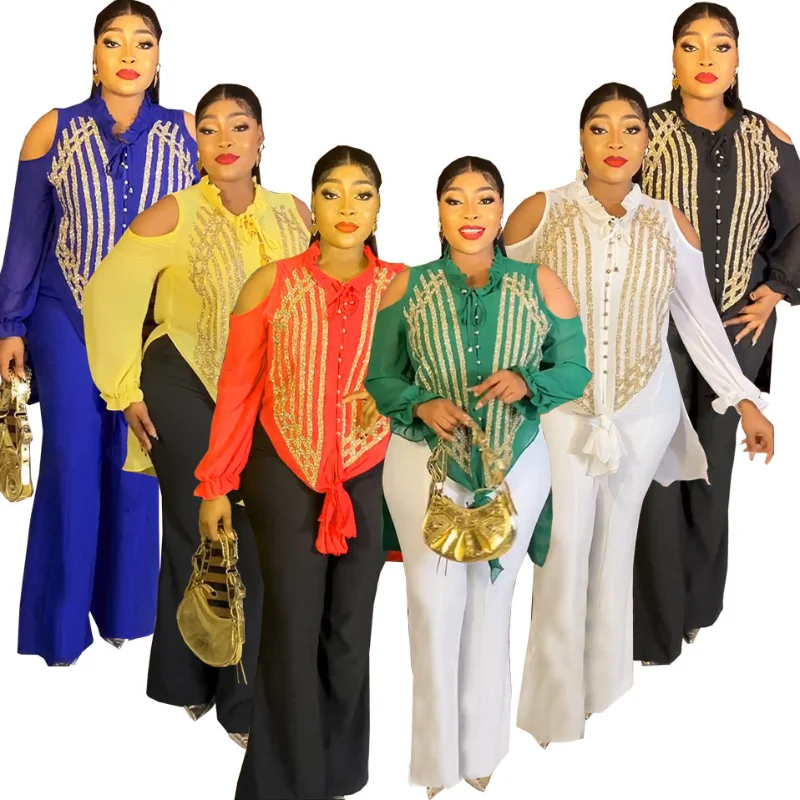 

Африканская одежда для женщин, Летние Элегантные африканские женские комплекты из 2 предметов с длинным рукавом, синие, желтые, красные, белые комплекты из топа и длинных брюк