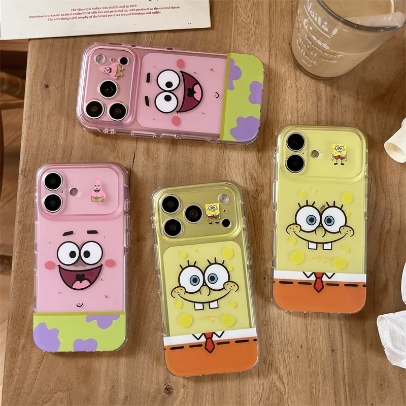 Фото Противоударный чехол для iPhone 15 16 17 Pro Max в корейском стиле с мультяшными персонажами Губка Боб и Патрик Стар, желтый, с выражением лица №1