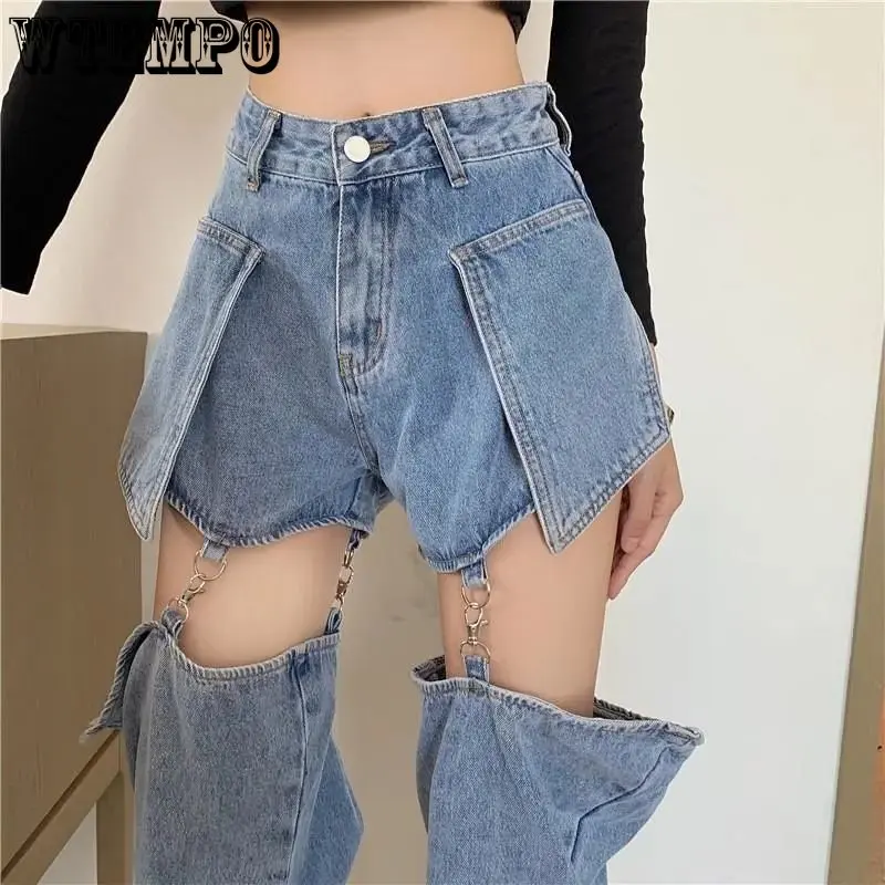 Women Straight Leg Ripped Jeans Removable Fashion Loose Hole Streetwear Women High Waist Pants Hole Boyfriend Denim Trousers
