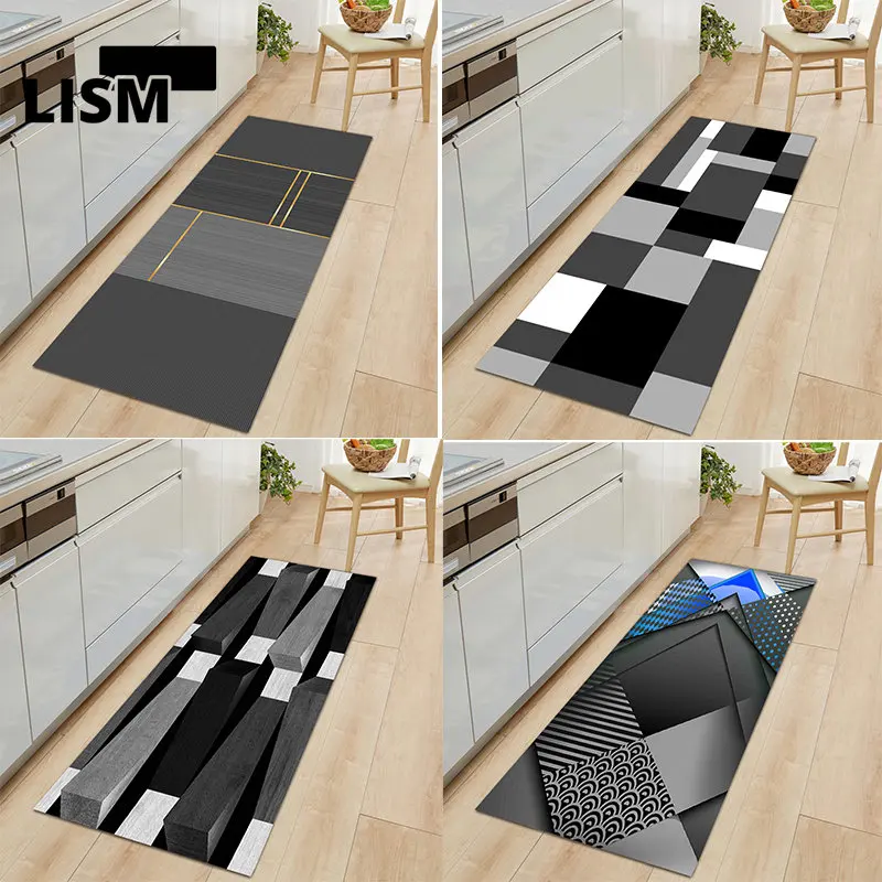 

Black and Grey Kitchen Floor Mat Living Room Long Carpet Home Hallway Entrance Doormat Tatami Decor Anti-slip Rugs for Balcony
