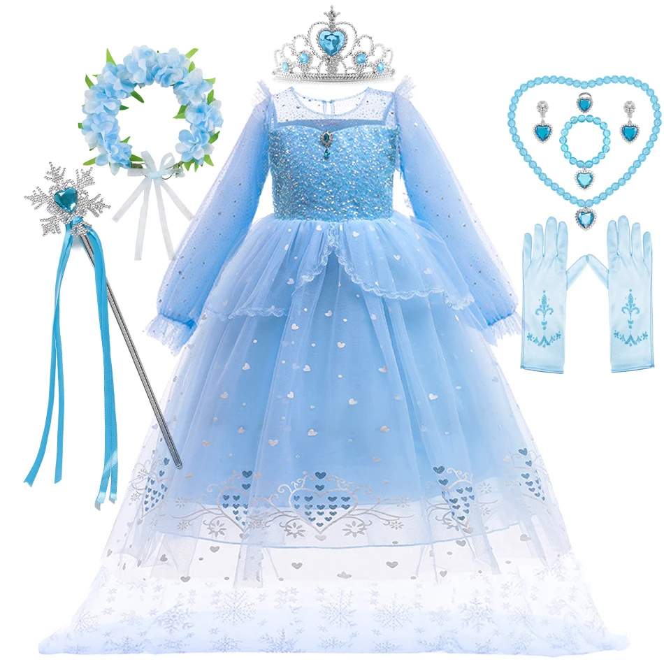 

Весенне-осеннее платье Эльзы для девочки костюм для вечеринки на день рождения с блестками струящийся тюлевый халат одежда для карнавала Х...