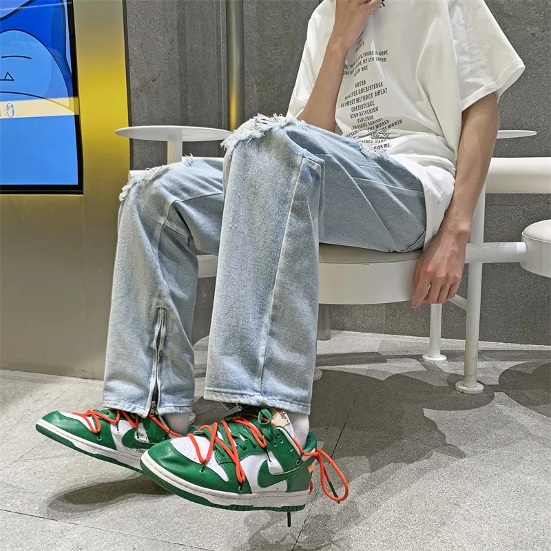Men's Jeans High Street Ripped Leg Slit Stitching Solid Color Loose Jeans Korean Style Hip-hop Jeans Y2k Streetwear Men Fashion