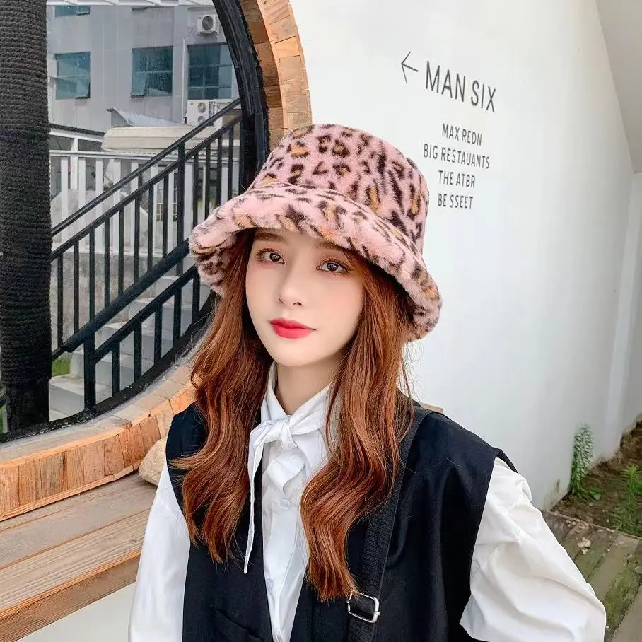 

Leopard Print Plush Fisherman Hat Korean Leisure Flat-top Print Panama Basin Cap Foreign Trade Autumn Winter Bucket Hats