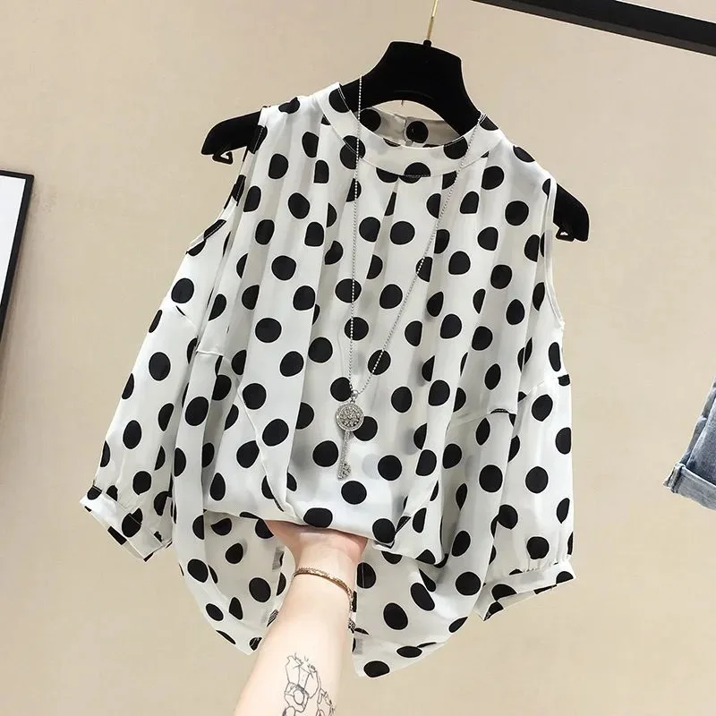 

2 Color Women Blouse Oversized M-3XL Women's Clothing Loose Belly Covering Top Polka Dot Off Shoulder Short Sleeve Chiffon Shirt
