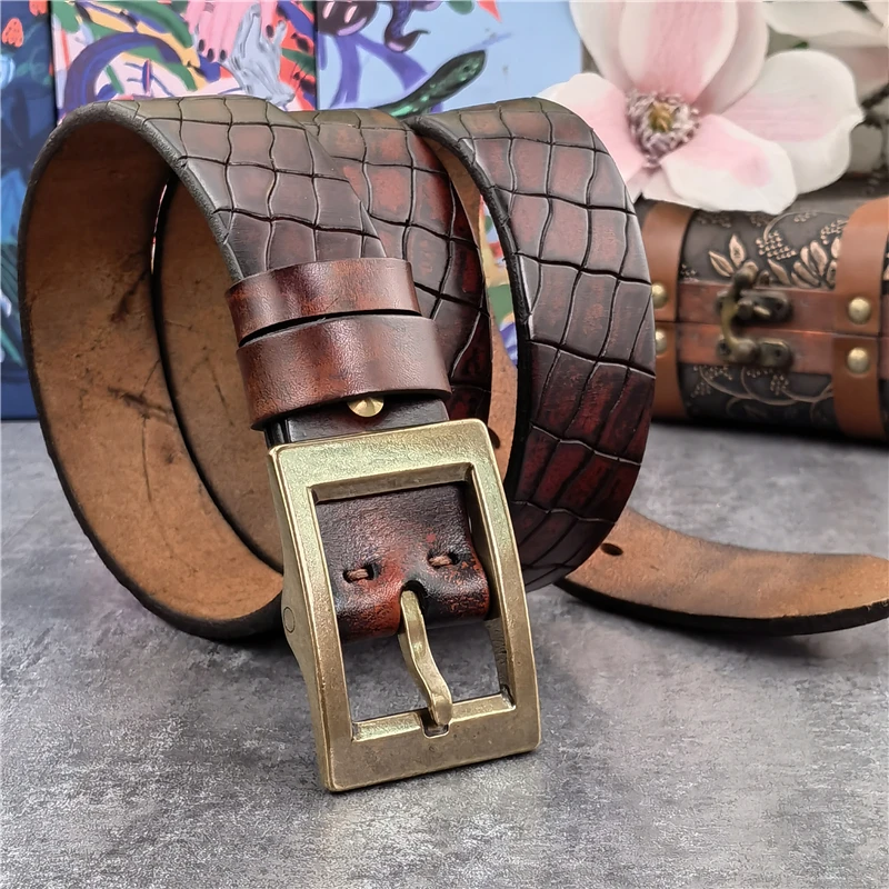 Luxury Carving Thick Genuine Leather Belt For Men Ceinture Retro Solid Brass Belt Buckle Men Waist Belt Wide Belt Male MBT0616