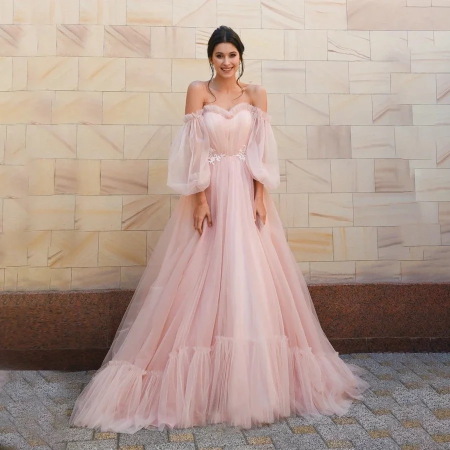 

Tulle A Line Prom Dresses Puff Sleeve Off The Shoulder Appliques Women Party Evening Gowns Photography Lace Up Robes