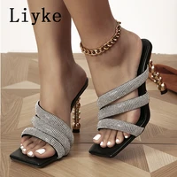 liyke size 35 41 new design strange metal high heels sexy slippers fashion rhinestone narrow band womens sandals shoes pumps