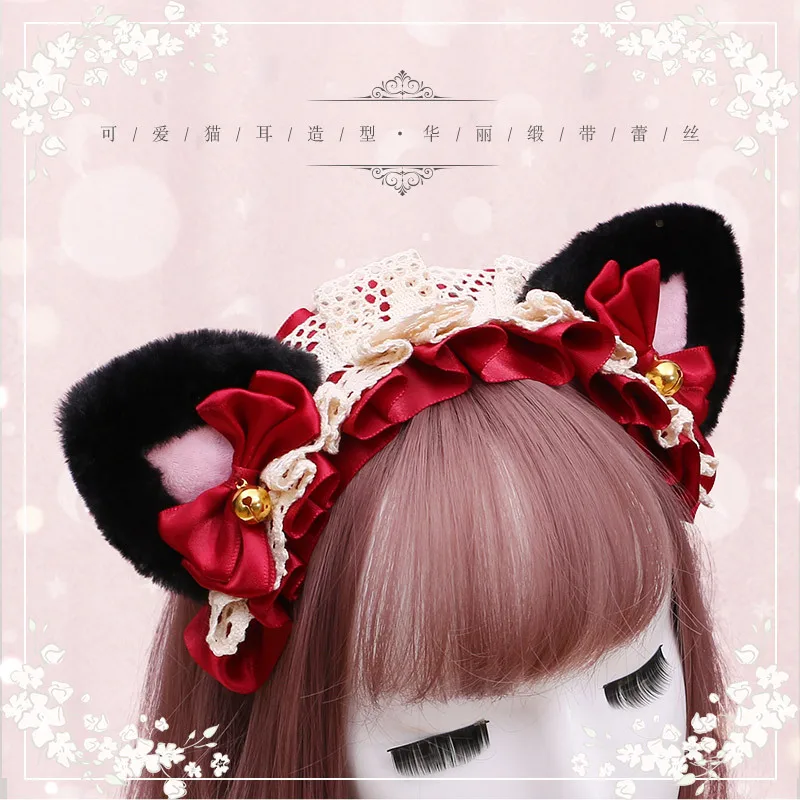 

Lovely Japanese Lolita hair cat niang plush Lolita headdress lace cat ear hair band