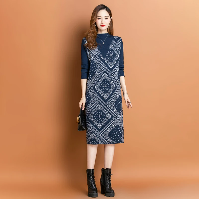 

Autumn and Winter Wool Knitted Long Dress Women's Thickened Warm keeping Coat Jacquard Knitted Undercoat Woolen Dress