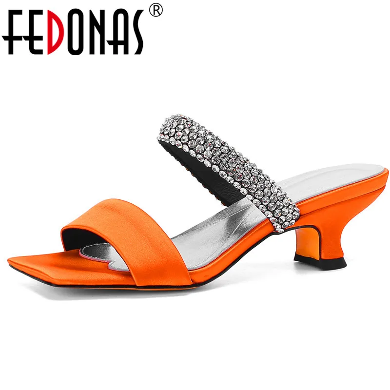

FEDONAS Women Sandals Thick Heels Elegant Fashion Rhinestone Slippers Summer Party Wedding Pumps Shoes Woman Brand New Arrival