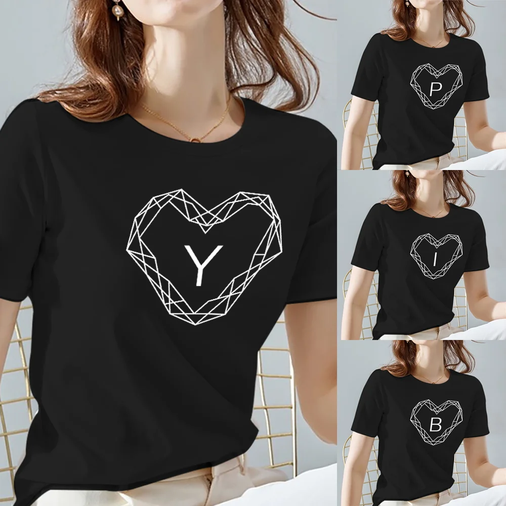 

T Shirt Ladies Round Neck Tee Short Sleeve Black Simple Diamond 26 Initials Pattern Summer Fashion Casual Women Top TShirt