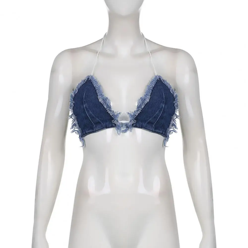 

2 Pcs/Set Chic Tassel Halter Neck Club Bra Shorts Suit Lady Nightclub Outfit Irregular Hem Spaghetti Strap