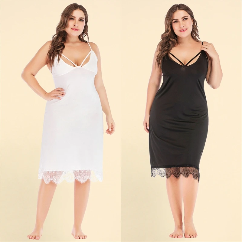 

Sexy Nightgowns Women Sleepwear Eyelash Lace Hem V-Neck Chemise Lingerie Dress