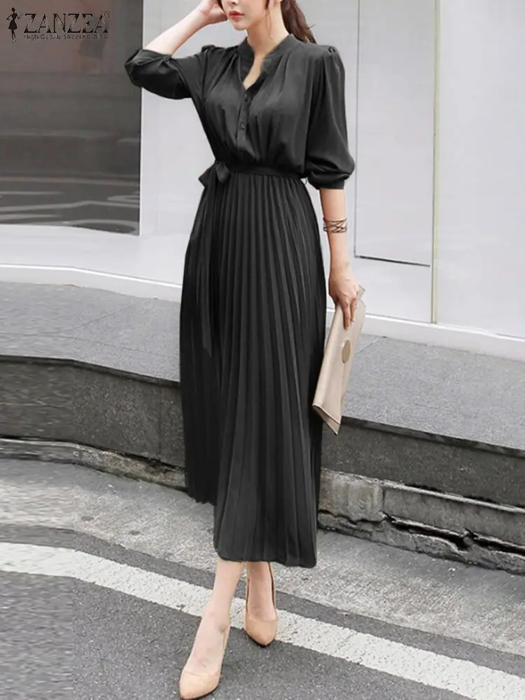 

Elegant Women Office Work Dress Fashion Long Sleeve Pleated Midi Sundress ZANZEA Casual Buttons Solid Party Vestidos Robe Femme