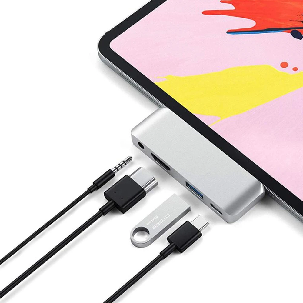 

USB Type-C адаптер для мобильного телефона Pro Hub для планшета 2020 iPad с зарядкой 3,0 3,5 мм AUX разъем для наушников совместимый с HDMI ноутбук