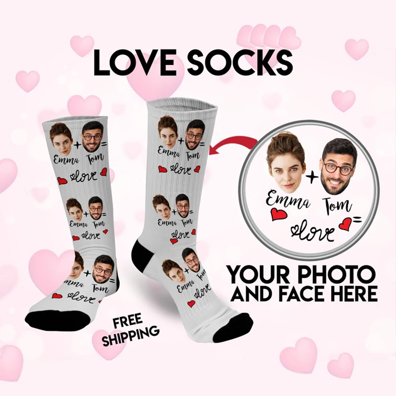 New Custom Couple Loves Plus Your Name 3D Printed Cotton Socks Fashion Face Custom Socks Custom Socks Festive Anniversary Gift