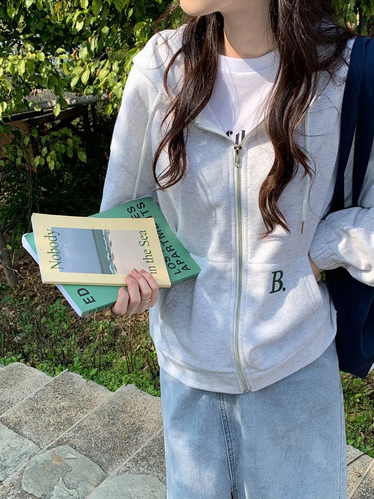 

Letter Embroidery Zipper Up Women Hoodies Gray Khaki White Blue Spring Women Sweat Coat