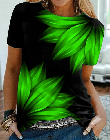 2022 Летняя женская футболка с абстрактным изображением листьев, базовые винтажные топы свободного кроя с круглым вырезом и абстрактным принтом