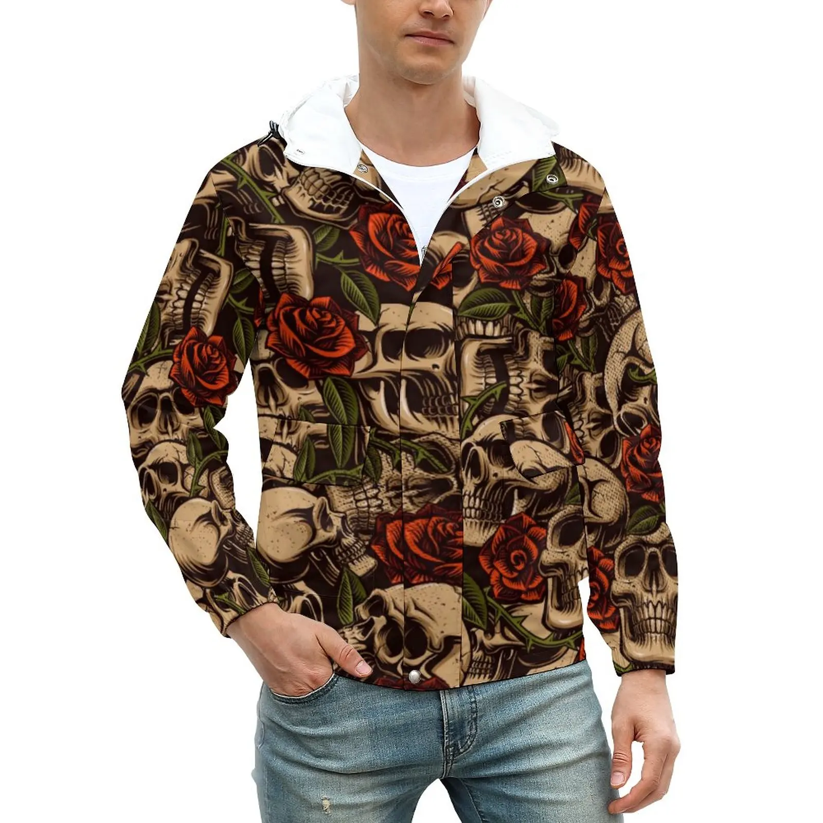 

Куртка мужская оверсайз с принтом черепа и красными розами, на молнии