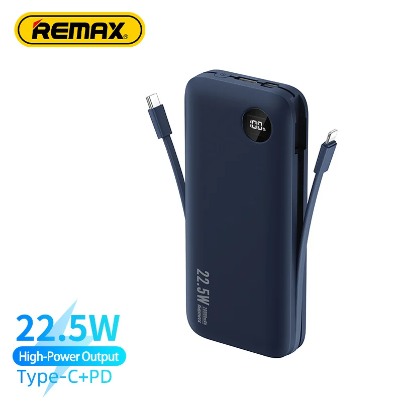 

Remax QC 22.5W Power Bank 20000mAh For iPhone Huawei Xiaomi PD 20W Fast Charging PowerBank External Battery Built In 2 Cable