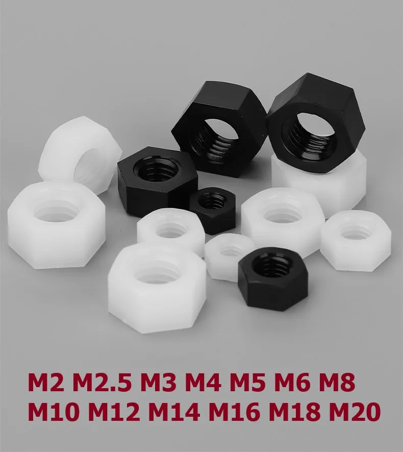 

Белые/черные нейлоновые шестигранные гайки, пластиковые нейлоновые шестигранные гайки, шестигранные гайки, винты M2 M2, 5 M3 M4 M5 M6 M8 M10 M12 M14 M16 M18 M20