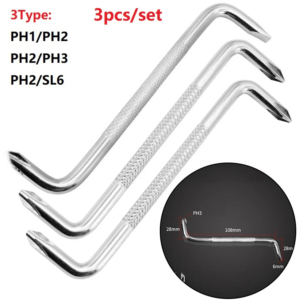 

3pcs Z Type Offset Screwdriver Slotted Cross Screwdriver S2 Steel Magnetic Tip Double Head L-Shaped Electric Screwdriver 108mm