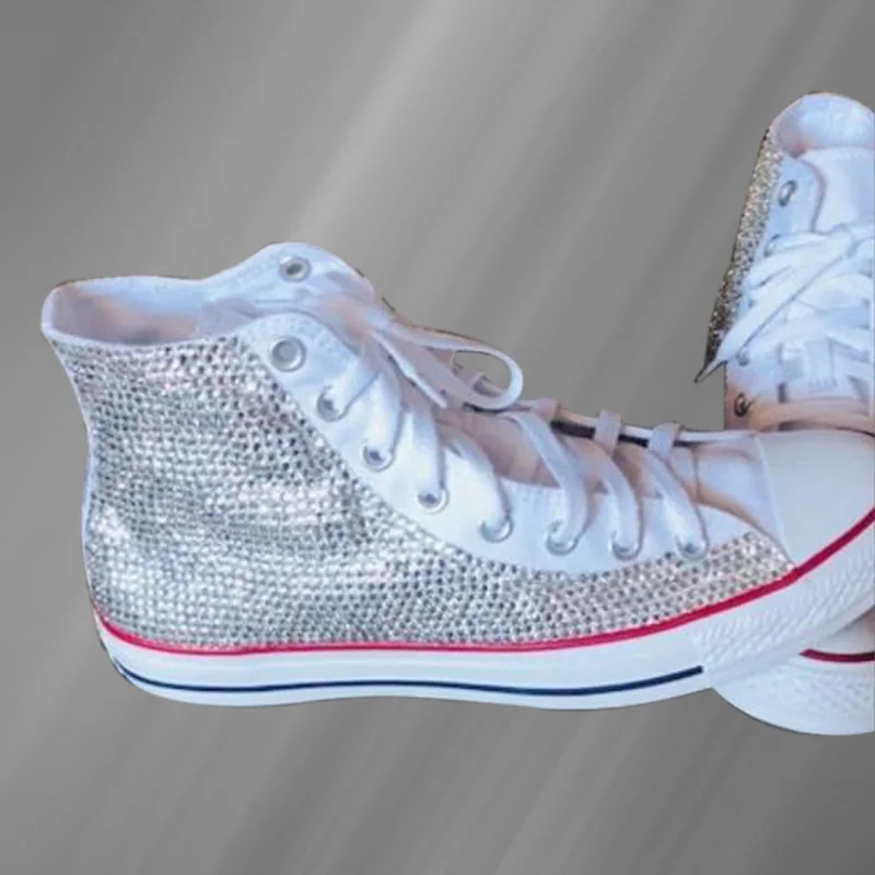 

High-top rhinestone canvas shoes street street shooting comfortable walking shoes handmade rhinestone vulcanized shoes 35-46