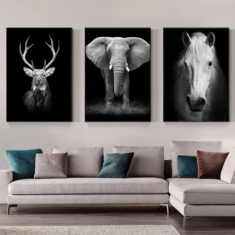 

Modern Black and White Animal Canvas Painting Wall Art Mural Lion Elephant Deer Zebra Mural Poster Prints Pictures Decor Cuadros