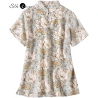 vintage stand collar real silk short sleeve women 2022 new mulberry silk chinese improved cheongsam printed top t shirt summer