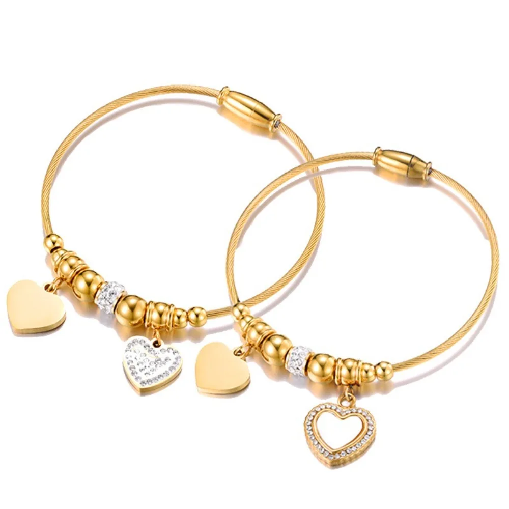 

Stainless Steel Women Love Bracelet Gold Heart Wire Ladies Titanium Jewelry 2 Style 20cm