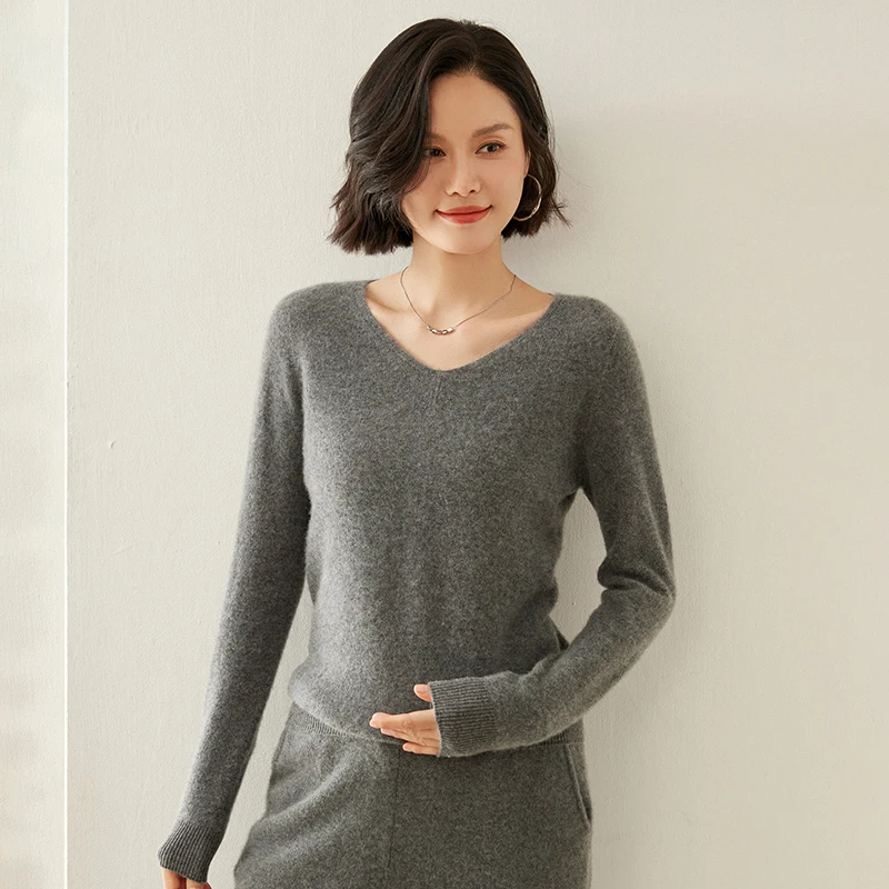 Женский кашемировый свитер смесь кашемира 35% V-образный вырез трикотаж