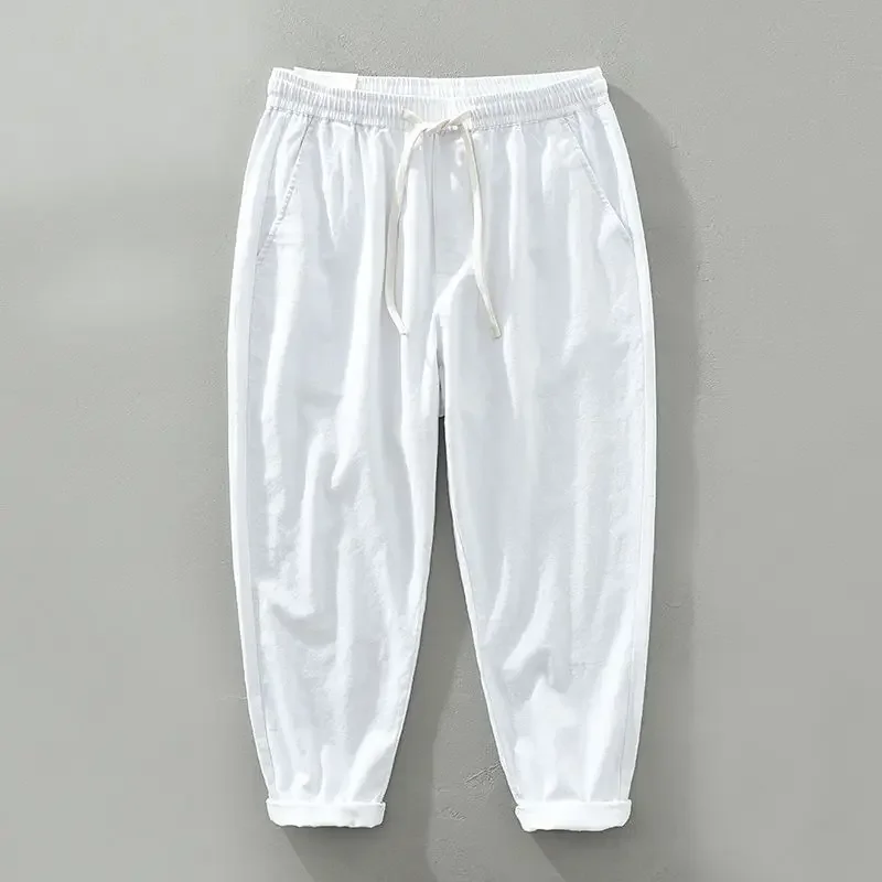 Брюки мужские хлопково-льняные прямые повседневные штаны свободного кроя