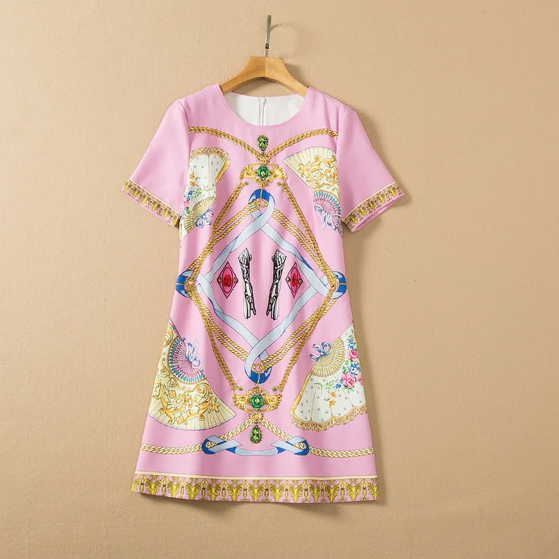 

European and American women's wear spring 2022 new Short sleeve round collar bead printing Fashionable pink dress