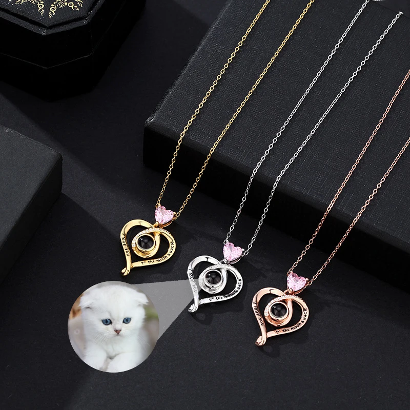Pink Heart Cubic Zirconia Letter Pendant Necklace 925 Sterling Silver Photo Projection Necklace Custom Jewelry Memorial Gift