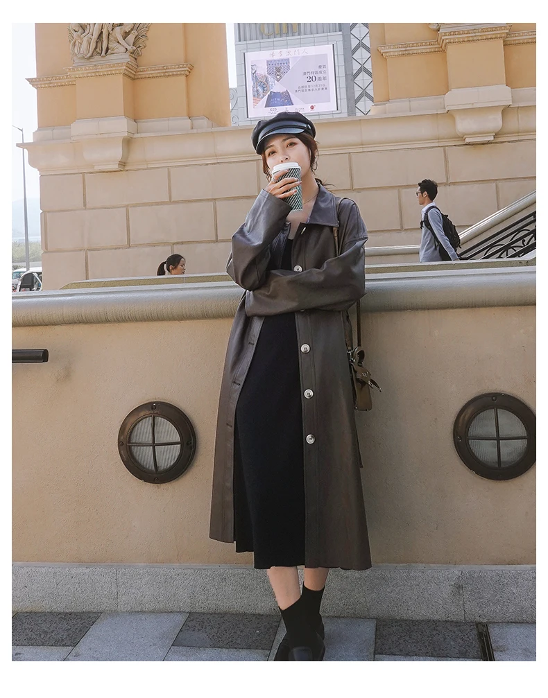 Long Leather Coat Women's Coat Medium Length Knee Length 2022 Elegant Lady Office Winter Autumn Leather Trench Coat for Women