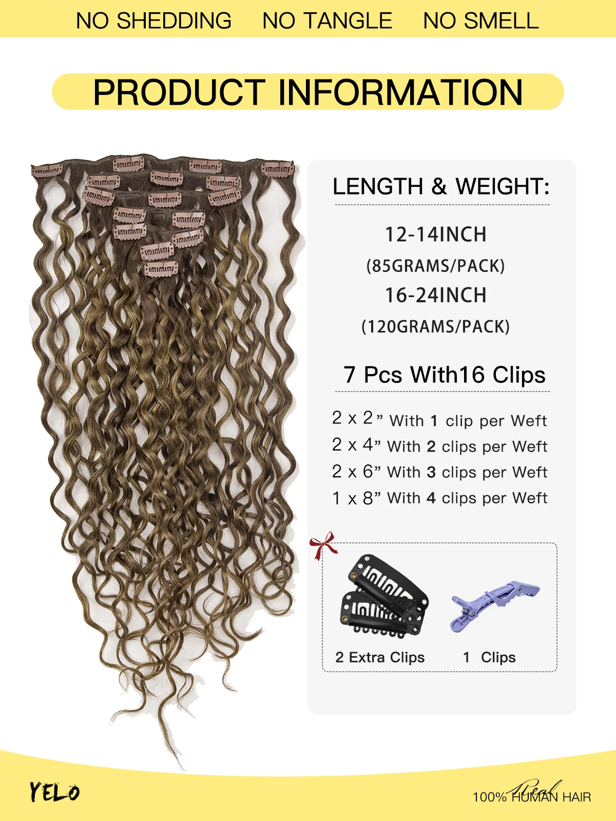 Фото Yelo Curly Clip in Hair Extensions Настоящие человеческие волосы Влажные и волнистые 100% бразильские заколки из человеческих волос Remy на 12-26 дюймов для женщин №3