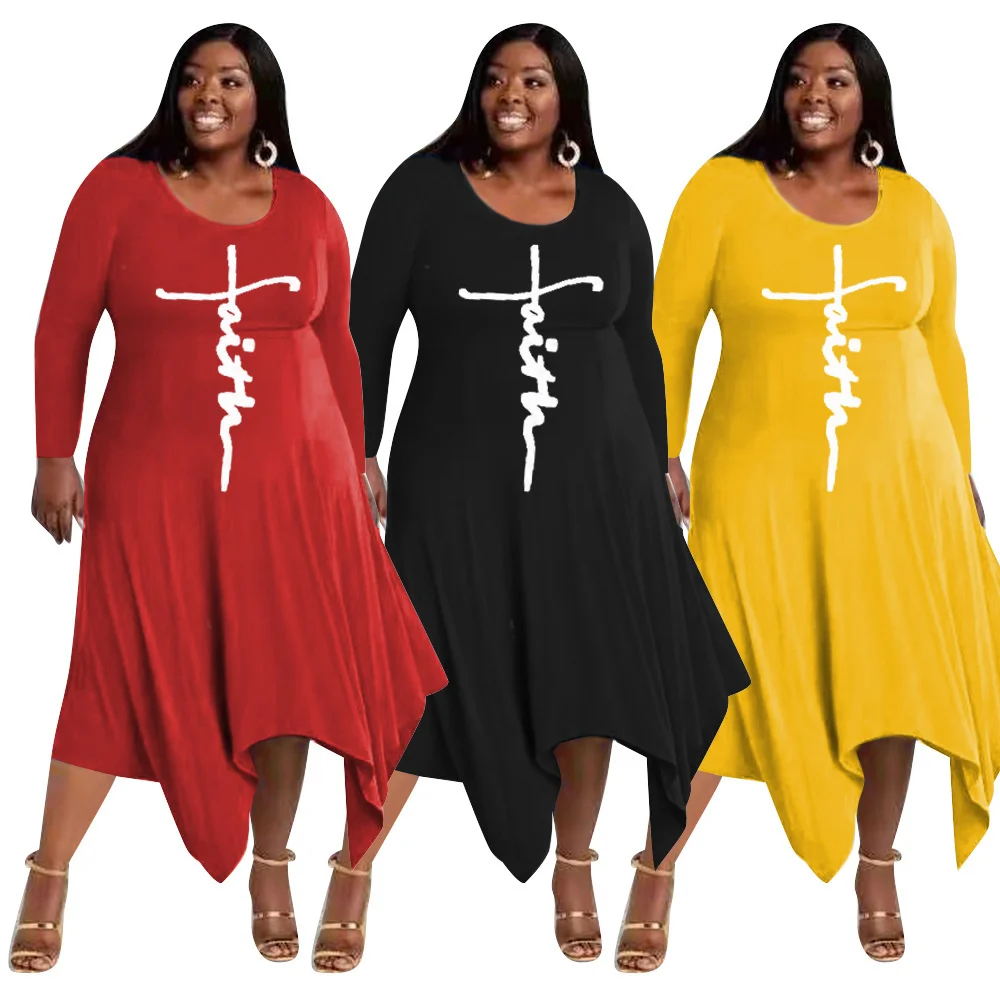 

Plus size Autumn Clothing Fashion Round Collar Sexy Stretch Women's Printing Irregular Swing Midi Dress Wholesale Dropshipping