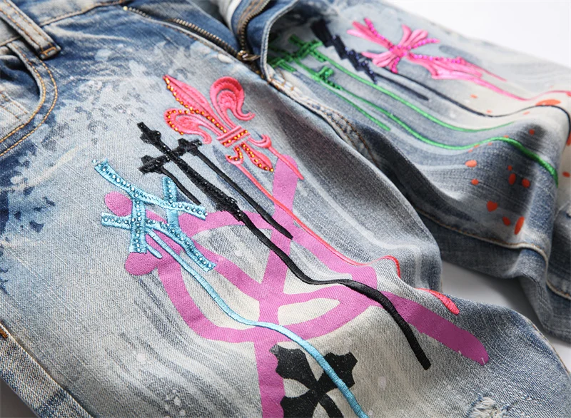 Men's Colorful Graffiti Printed Jeans Y2K Colorful Slim Fit Tapered Elastic Casual Pants Fashion Street Clothing Small Foot Pant