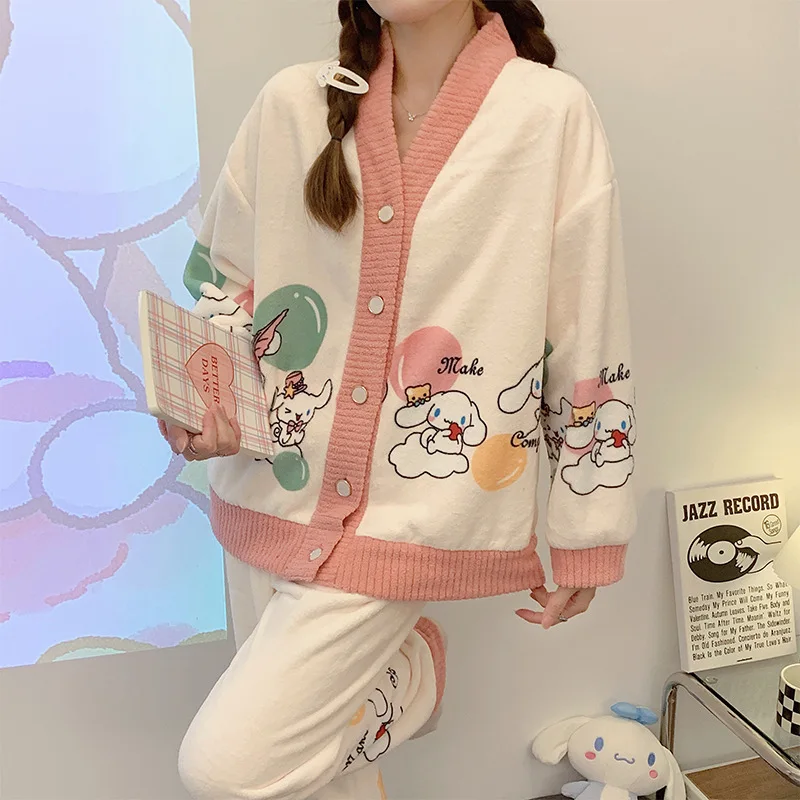 Women Autumn Winter Cute Cartoon Home Warm Thicken Flannel Cardigan Pyjamas Suit Thick Coral Fleece Top Pants Soft Sleepwear Set