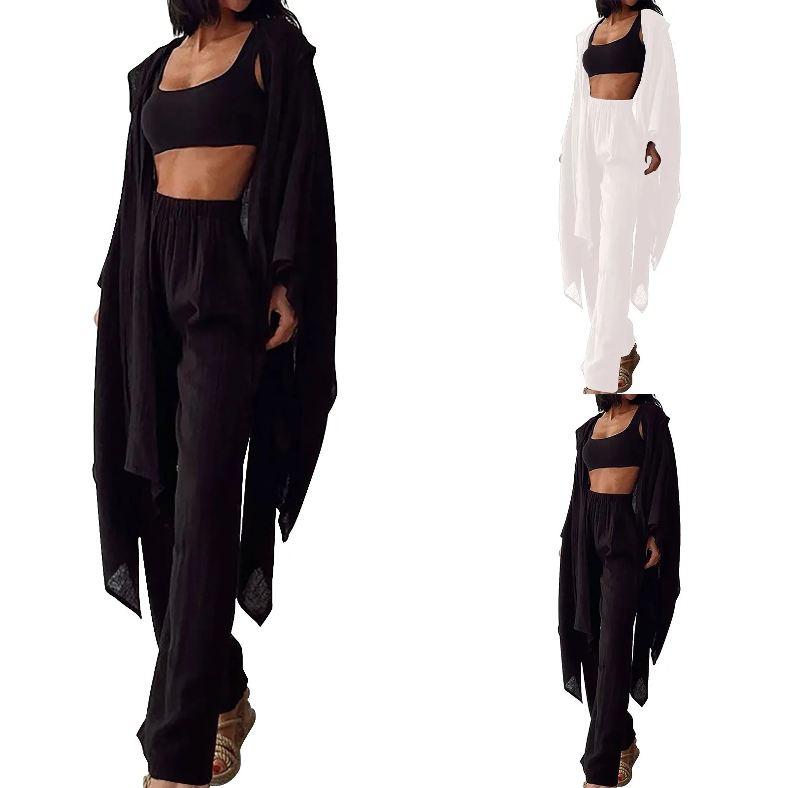 Богемный льняной комплект из двух предметов с длинным рукавом для женщин