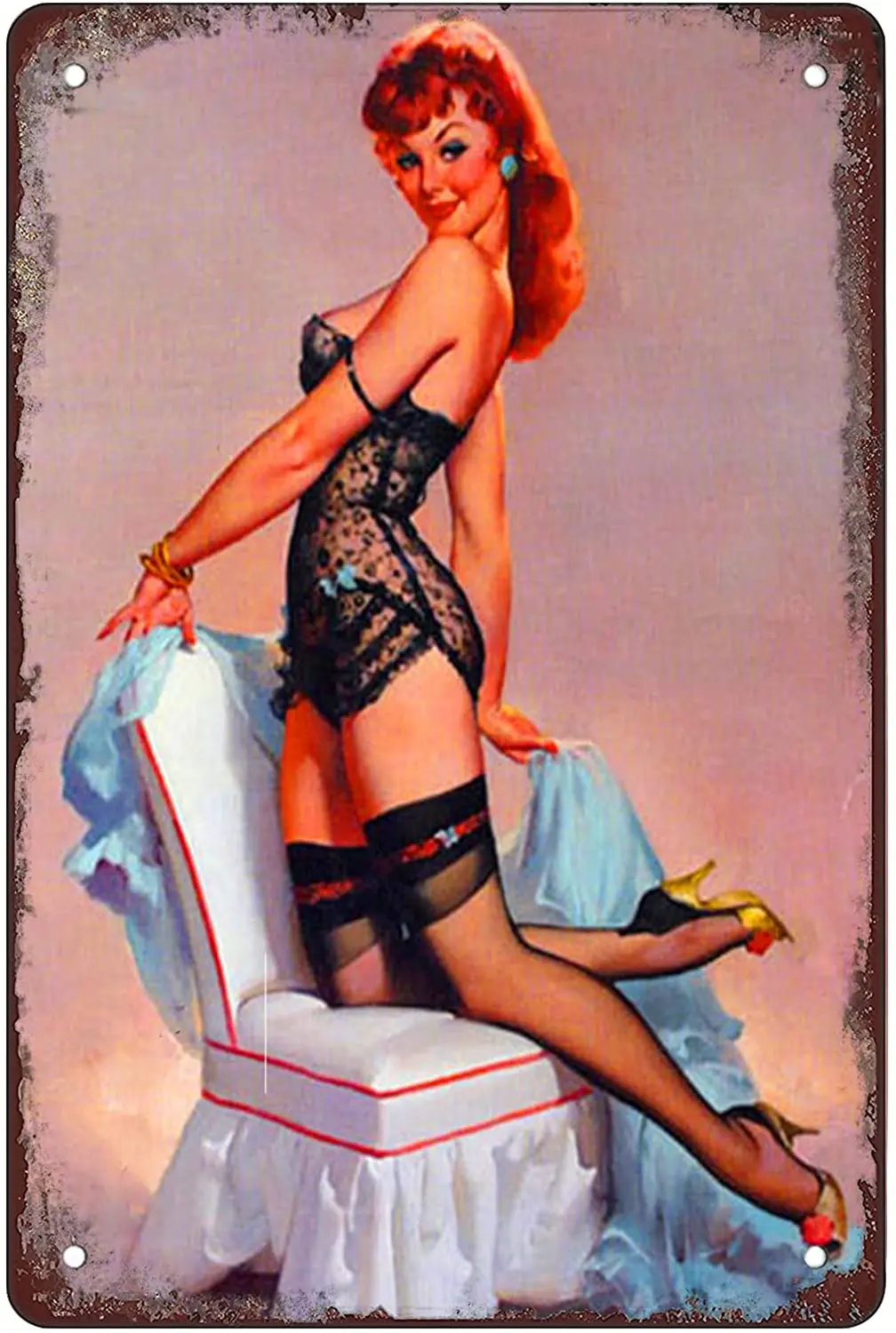 Пристегивающаяся девушка на диван и стул ретро забавные металлические листовые